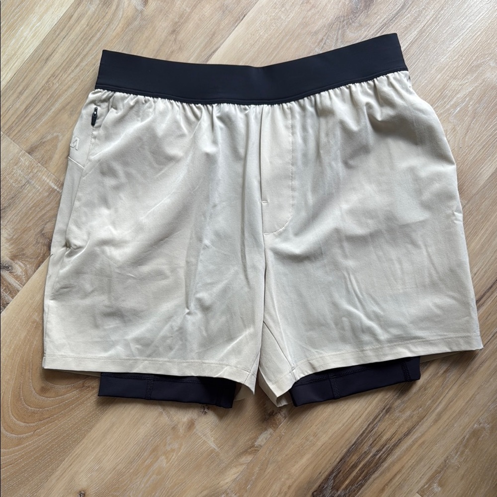 Athletic Tan and Black Shorts with Elastic Waistband